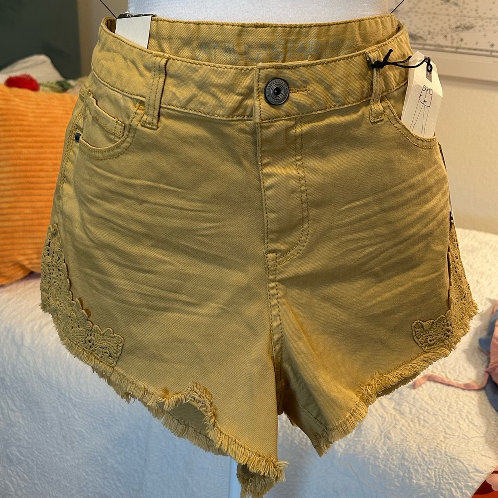 Mustard Gold Jean Shorts with Classic Cut Lace Trim